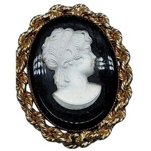 Black & Frosted Glass Cameo Brooch Gold Tone Vintage Victorian Lady Pin